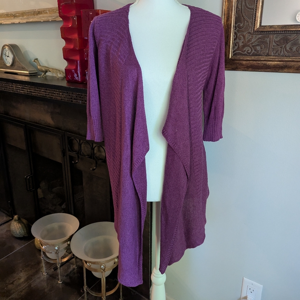 Eileen Fisher Petite Small Purple Silk Linen Blend Open Front Waterfall Cardigan